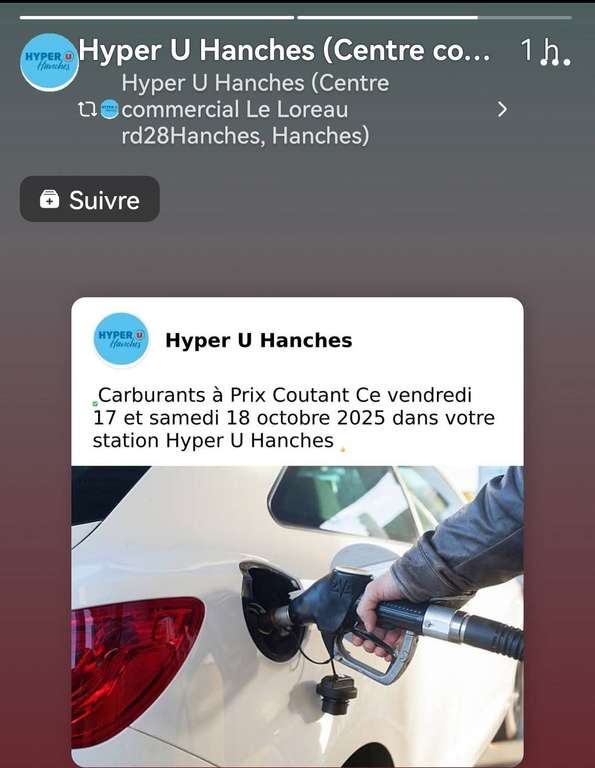 Carburant à prix coûtant - Hyper U de Hanches (28) à 0 €