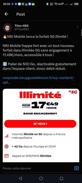 Forfait NRJ mobile par parlier de 500 giga à 17.99 €