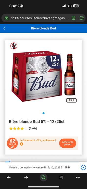 Lot de 2 pack de Bud 12 x 25cl à 10.94 €