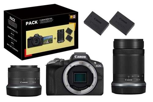 Appareil photo hybride Canon EOS R50 + RF-S 18-45mm f/4.5-6.3 IS STM + RF-S 55-210mm f/5-7.1 IS STM + 2ème batterie + chargeur à 899.99 €
