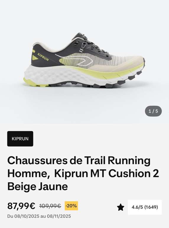KIPRUN Chaussures Trail Running Homme, Mt Cushion 2 Beige Jaune à 87.99 €