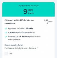 Forfait mobile Appels SMS/MMS illimités 220 Go 5G 37 Go en Europe à 9.99 €