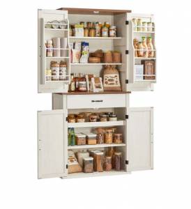 Buffet Haut Cuisine VASAGLE - Hauteur 178,6 cm, Tiroir, Placards, Étagères Réglables, Blanc Rustique BBK364W02 (Vendeur tiers) à 169.99 €