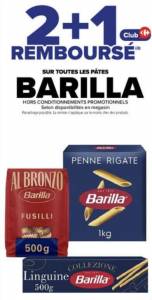 2 + 1 remboursé en avantage carte sur toutes les pâtes Barilla à 0 €