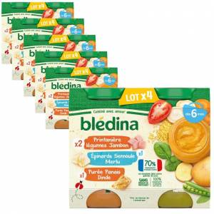 Lot de 24 Petits Pots Bébé Bledina - Légumes Jambon, Epinard Semoule Merlu, Panais Dinde, 24 x 200g à 16.63 €