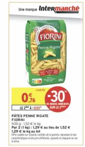 Pâte Penne Rigatte Fiorini par 2 (2x500g) à 1.29 €
