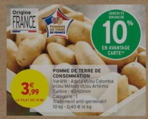 Filet de 10kg de Pomme de Terre ( via 0.39€ cagnottés les week-ends) à 3.6 €