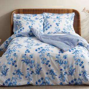 LERUUM – Housse de Couette Coton Réversible à Motif Floral et Rayures (Bleu 155x220 + 80x80 cm) à 17.87 €