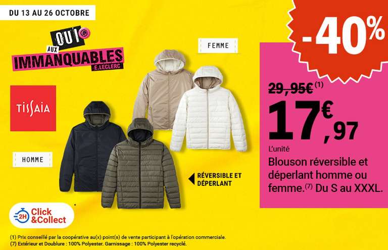 Blouson réversible et déperlant homme/ femme du S au XXXL à 17.97 €