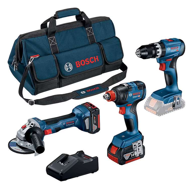 [Membres C-Casto] Kit Brushless 18V Bosch Professional - Perceuse Percu GSB 18V-45, Meuleuse GWS 18V-7, Boulonneuse GDX 18V-200, 2 batt 5Ah à 382.42 €