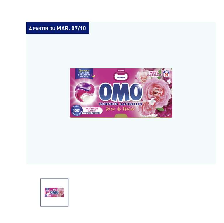 Boite de 29 doses de Lessive dosette OMO - parfum rose & lilac blanc. à 6.53 €