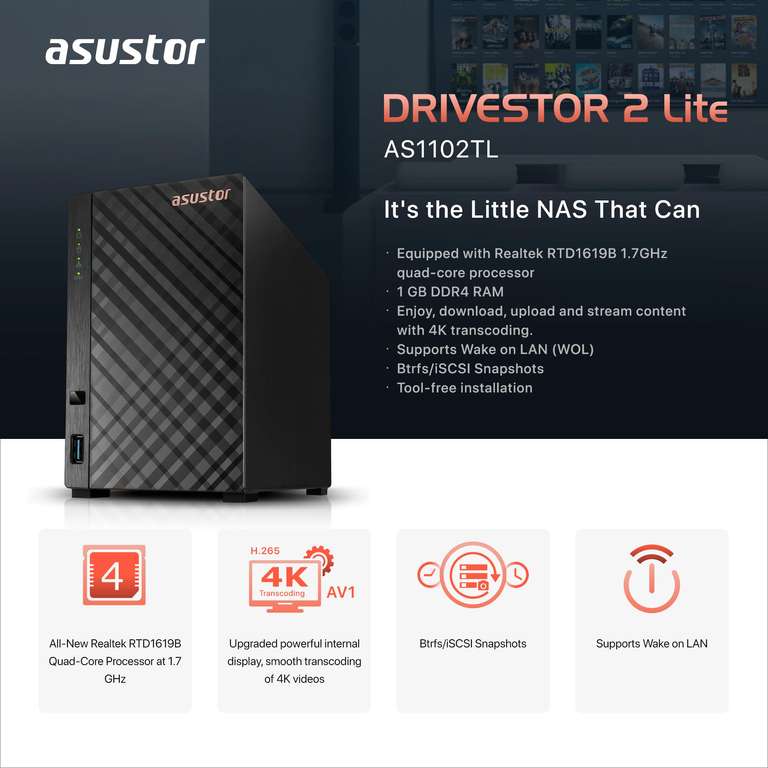 NAS Asustor Drivestor 2 Lite AS1102TL à 174 €