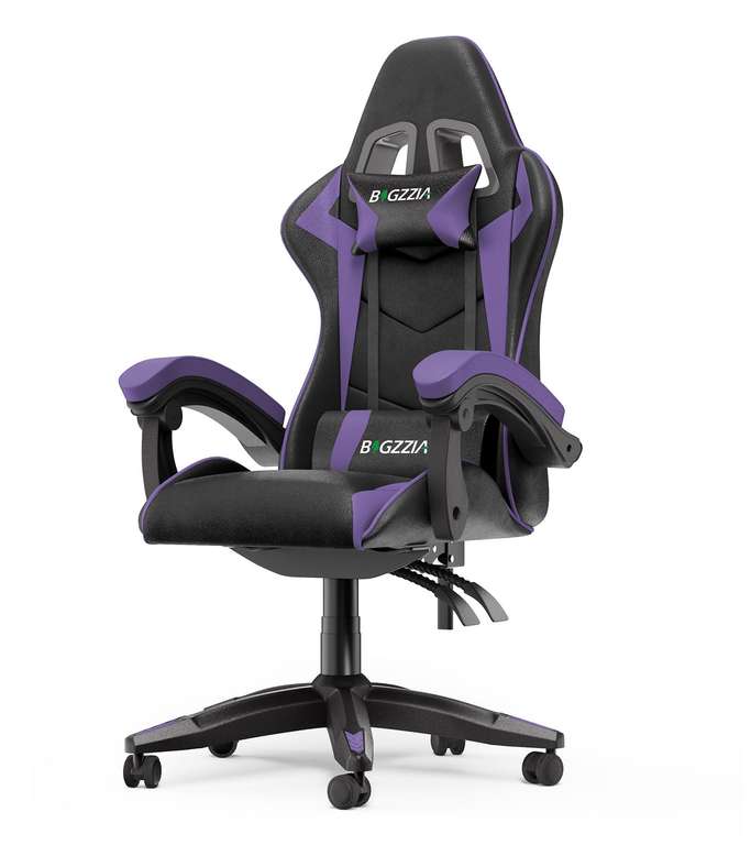Chaise gaming Bigzzia (noir/violet) – accoudoirs réglables, coussin lombaire + têtière à 65.99 €