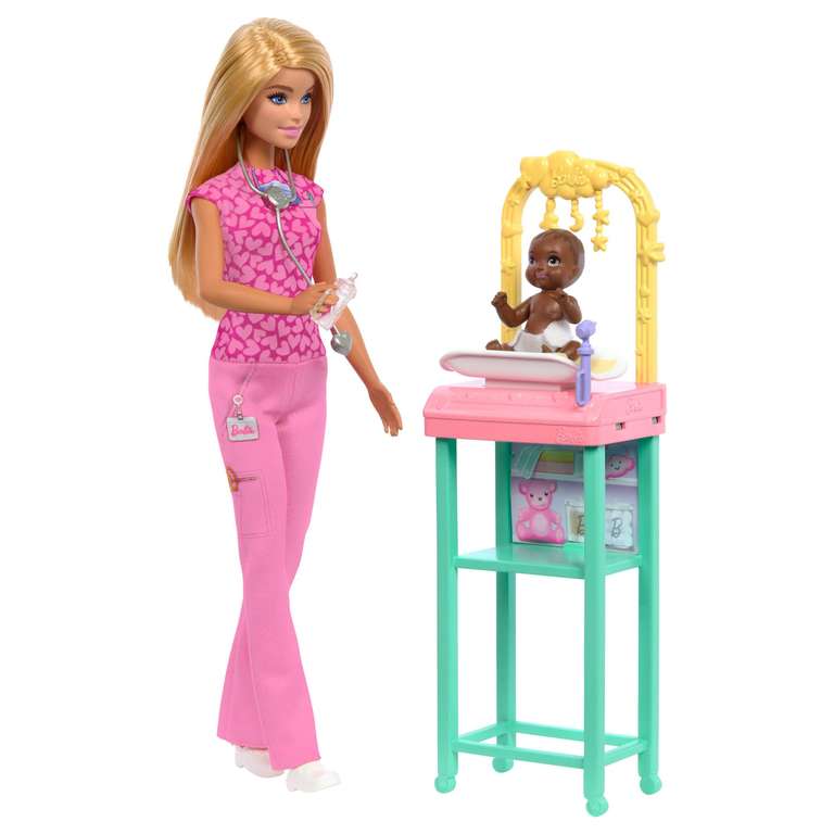 Coffret Barbie Pédiatre avec poupée blonde en tenue de travail rose, 1 poupée bébé à 10.15 €