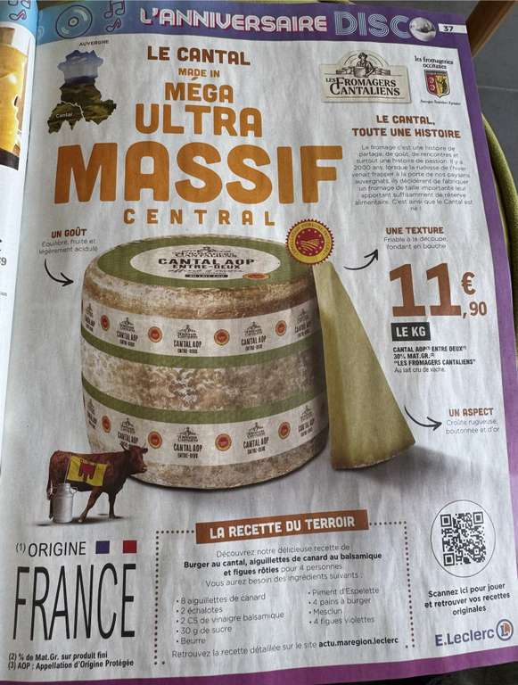 Fromage Cantal A.O.P entre deux, au lait cru - 1kg - Sélection de magasins en Occitanie à 11.9 €