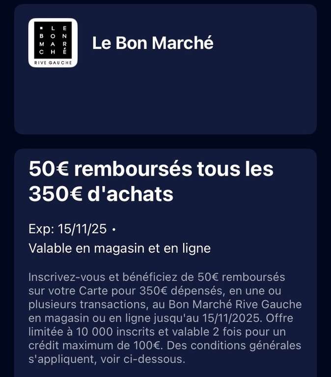 [Nouveaux Clients] 50€ remboursés tous les 350€ d'achats (Valable 2 fois) - Le Bon Marché, Paris (75 - lebonmarche.com) à 0 €