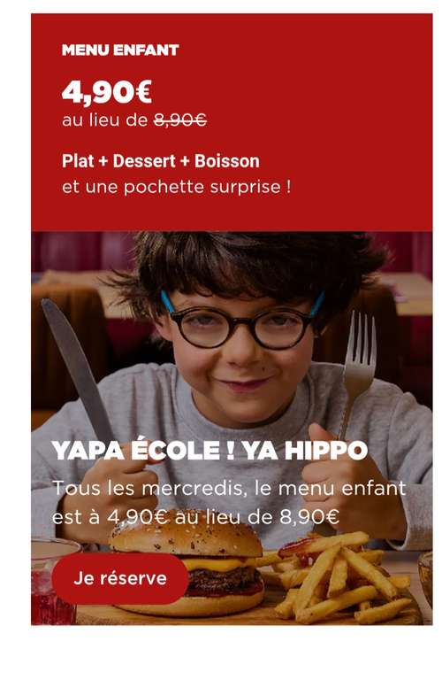 Menu enfant à 4.90 le mercredi à 4.9 €
