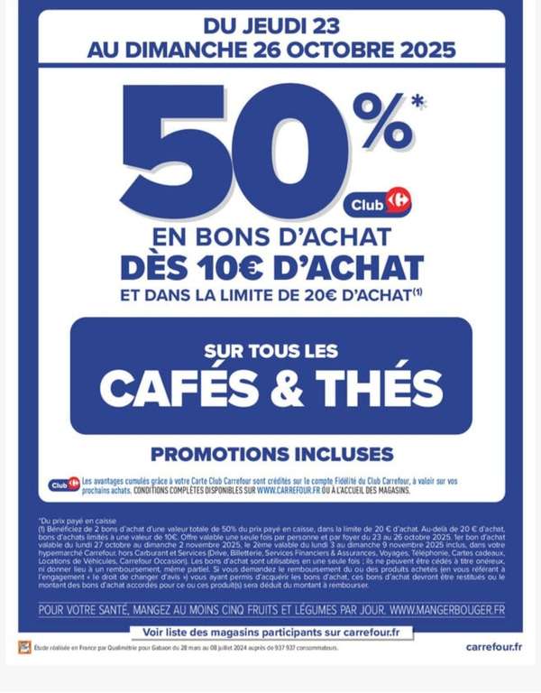 50% remboursés en bons d'achats dès 10€ sur tous les cafés et Thés à 0 €
