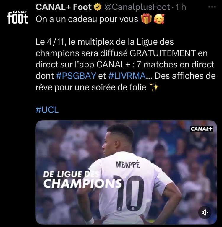 Multiplex ligue des champions gratuit le 4/11 à 0 €