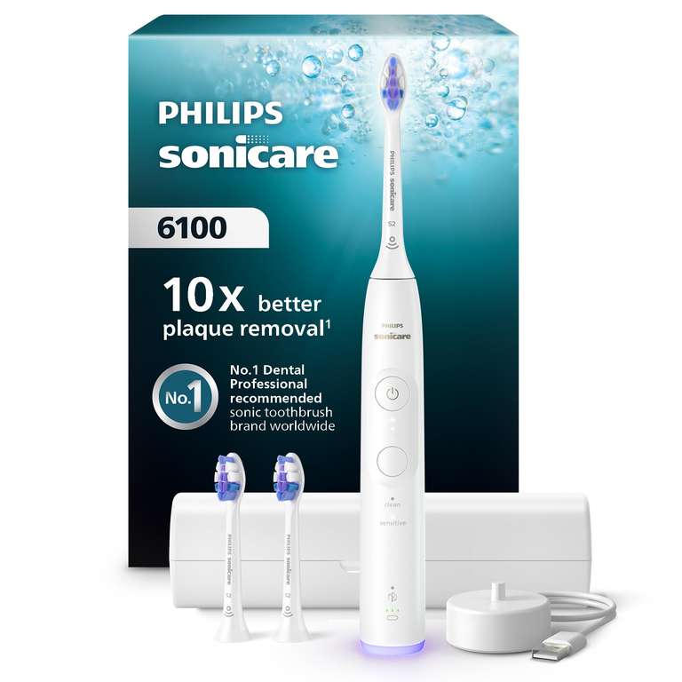 hilips Sonicare 6100 - Brosse à dents électrique sonique avec 2 modes de brossage, 3 niveaux d'intensité, Alerte de pression, EasyStart à 89.99 €