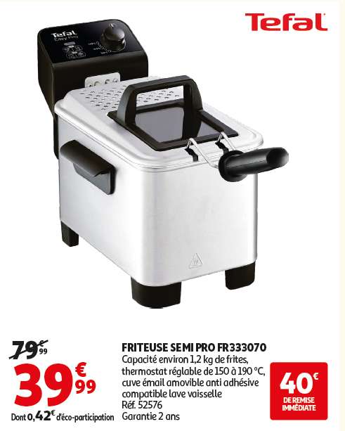 Friteuse Électrique Semi Professionnelle Tefal Easy Pro FR333070 - 3L , 2200W à 39.99 €