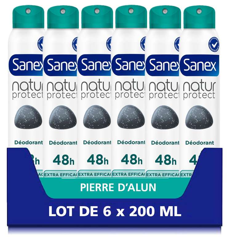 Lot 6 deodorants Sanex spray Natur Protect Pierre d’Alun Extra Efficacy 48 h - 6 x 200 ml (via prévoyez economisez et coupon) à 10.11 €