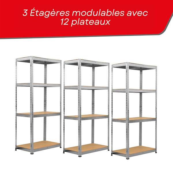 Triple étagère charges lourdes -12 plateaux de rangement - 210 X 150 - 30 cm - Gris - EURO VANADIUM à 62.99 €