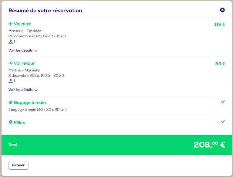 Vols directs, [Marseille > Djeddah] + [Médine > Marseille] (Arabie Saoudite) du 20/11 au 3/12 (Transavia, Bagage à main) à 204.96 €