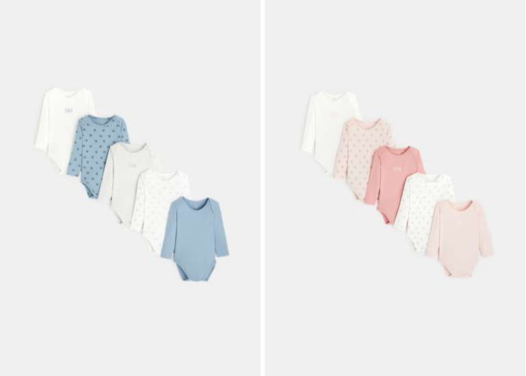 Lot de 5 body manches longues - Bleu ou rose, Plusieurs tailles disponibles à 11.49 €