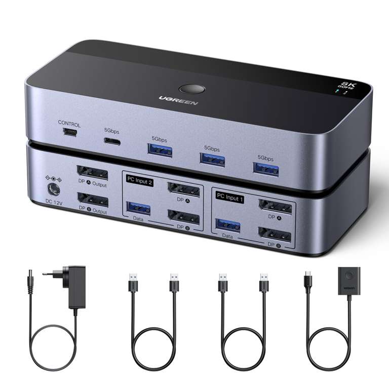 Commutateur / switch KVM Ugreen - DisplayPort 2 Entrées 2 Sorties 8K@60Hz, 4 Ports USB 3A1C 5Gbps à 58.49 €