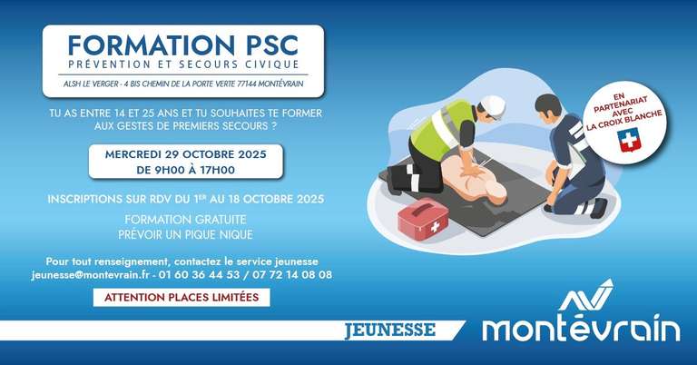 Formation Premier Secours Citoyen (PSC) gratuite pour les jeunes de 14 à 25 ans - Montévrain (77) - montevrain.fr à 0 €